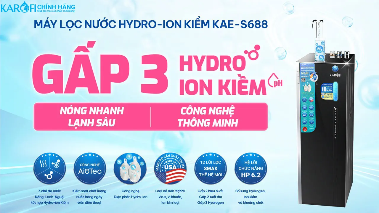 Máy lọc nước Hydro-ion kiềm nóng lạnh Karofi KAE-S688