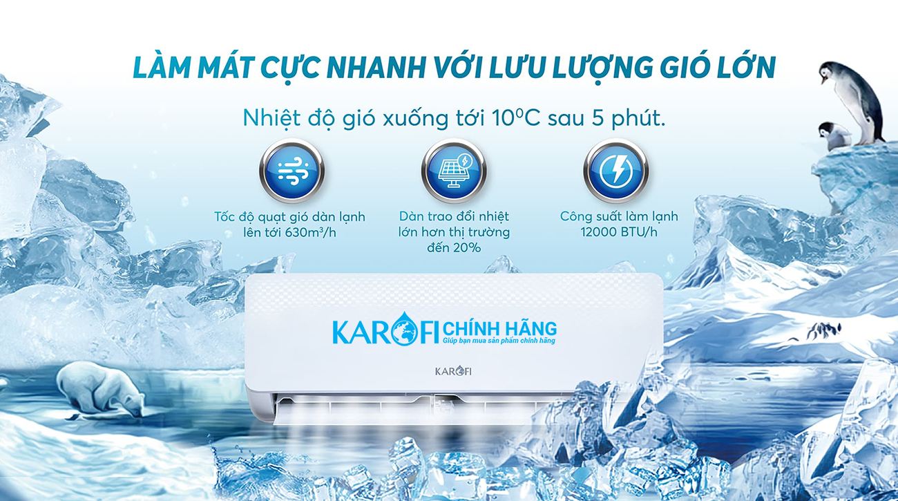 Điều hoà không khí Karofi 12000BTU KDC-WF12 làm mát với lưu lượng gió lớn