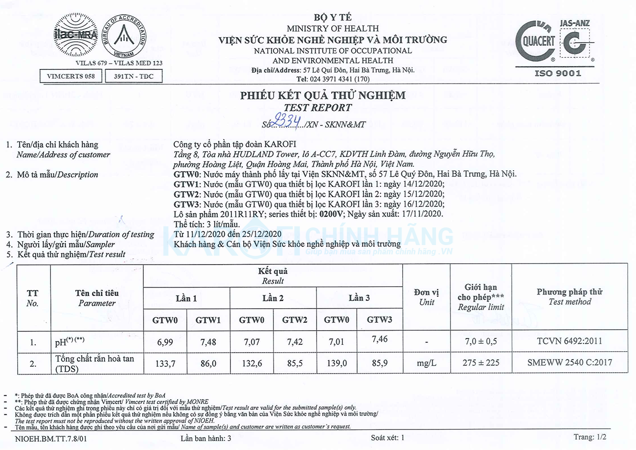Kết quả kiểm định chất lượng máy lọc nước karofi mới nhất