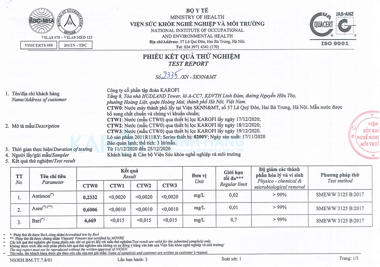 Kết quả kiểm định chất lượng máy lọc nước karofi mới nhất