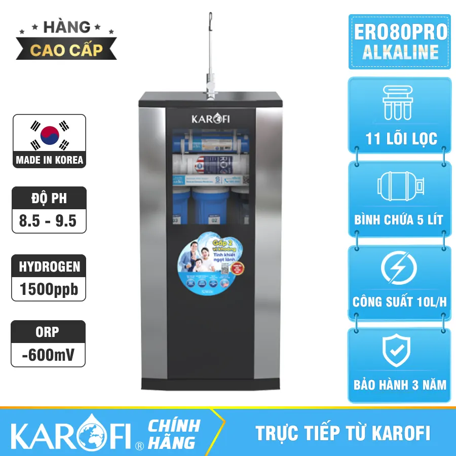 Máy lọc nước hydrogen ion kiềm Karofi ERO80 PRO + HYDRO-iON KIỀM - 11 lõi