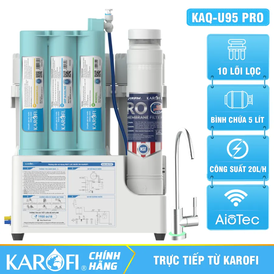 Máy lọc nước Karofi KAQ-U95 Pro - Vòi LED, 10 lõi lọc