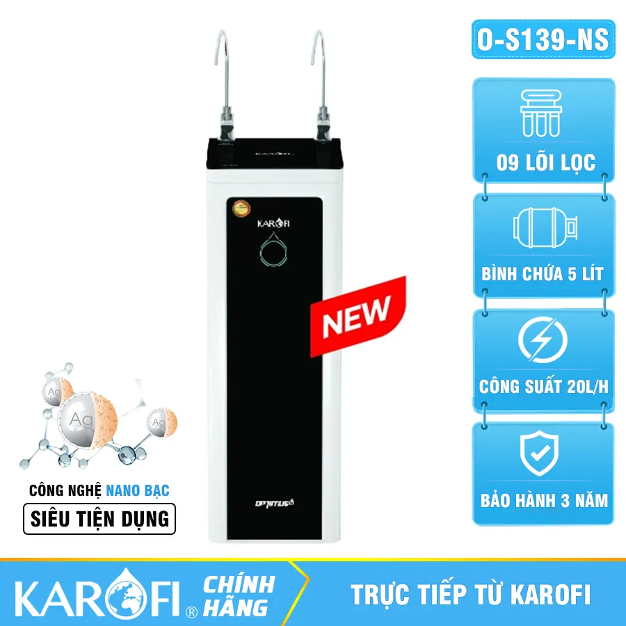 Máy lọc nước Karofi Optimus O-S139-NS -9 lõi 2 vòi Nano Bạc