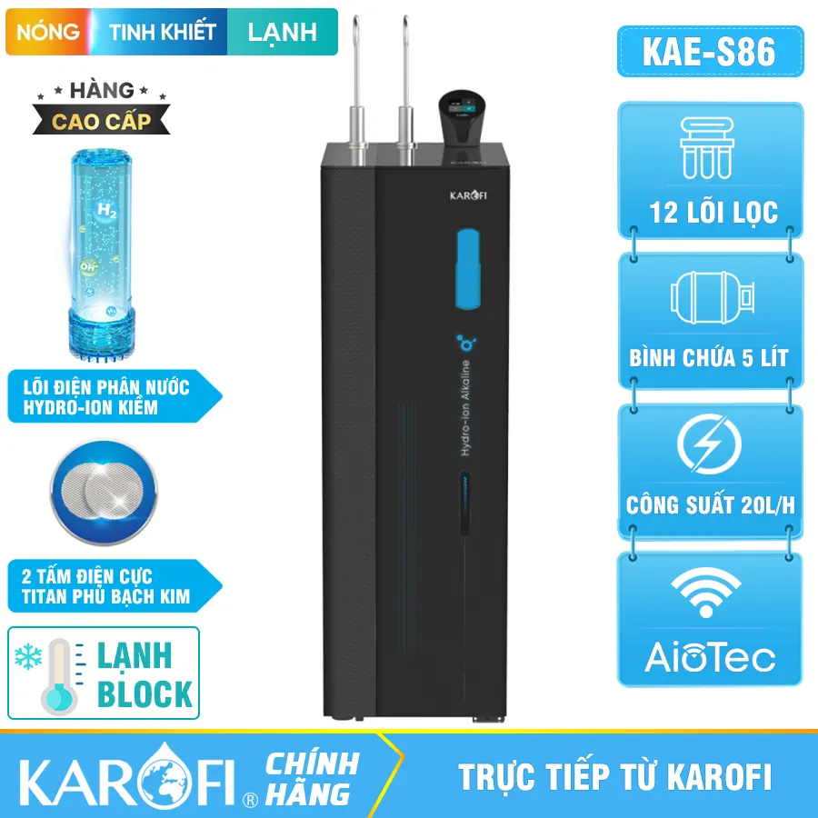 Máy lọc nước nóng lạnh Hydro-ion kiềm Karofi KAE-S86 - 12 Lõi