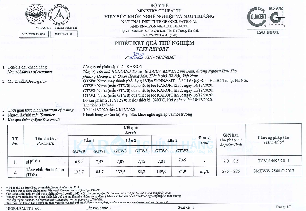 Phiếu kiểm định chất lượng máy lọc nước Karofi ERO