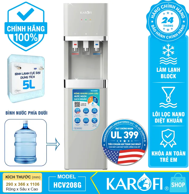 Cây nước nóng lạnh Karofi HCV208G - Bình chứa 5 Lít, mới 2026