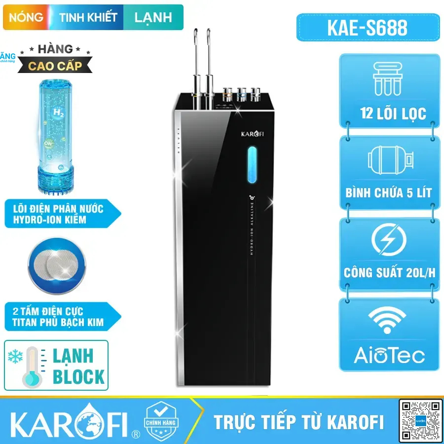Máy lọc nước Hydro-ion kiềm nóng lạnh Karofi KAE-S688