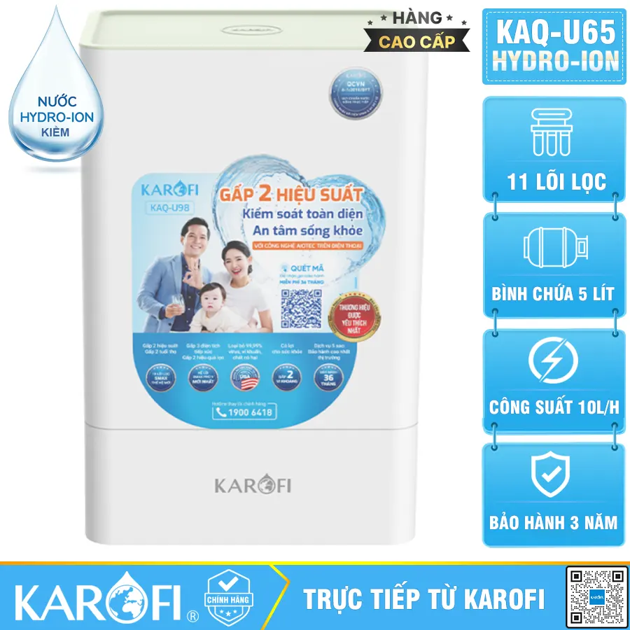 Máy lọc nước hydrogen ion kiềm Karofi KAQ-U65 + HYDRO-iON KIỀM - 11 Lõi
