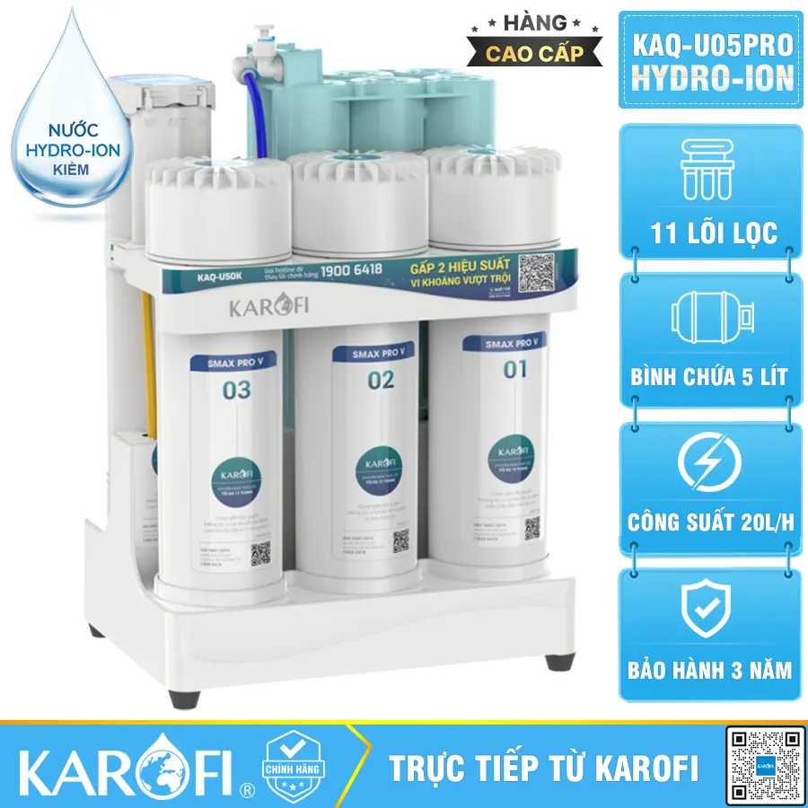 Máy lọc nước hydrogen ion kiềm Karofi KAQ-U05 Pro + HYDRO-iON KIỀM- 11 Lõi