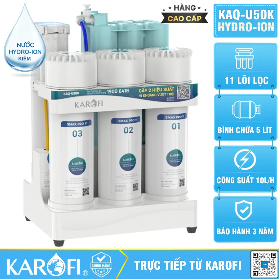 Máy lọc nước ion kiềm Karofi KAQ-U50K + HYDRO-iON KIỀM 11 Lõi lọc