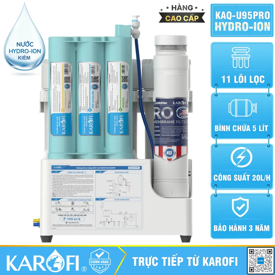 Máy lọc nước hydrogen ion kiềm Karofi KAQ-U95 + HYDRO-iON KIỀM - 11 lõi